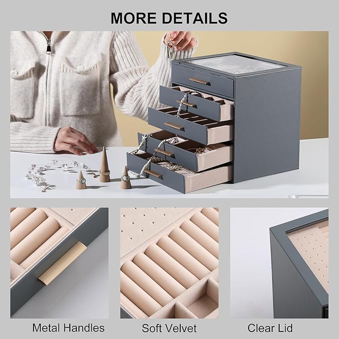 Frebeauty Clear Lid Jewelry Box,5-Layer Jewelry Organizer with Drawer,PU Leather Jewelry Organizers and Storage,Jewelry Boxes