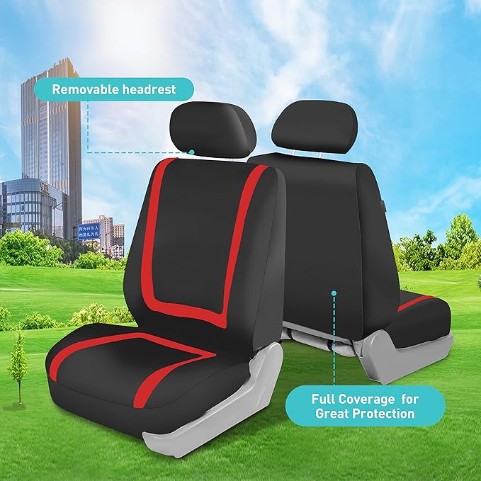 FH Group Unique Flat Cloth Full Set Car Seat Covers w. Silicone Steering Wheel Cover- Universal Fit for Most Cars, Trucks, SUVs or Vans (Red/Black)