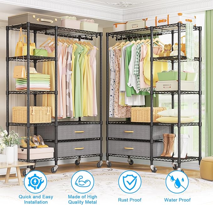 Ulif F3R Heavy Duty Clothes Rack（With Lockable Wheels）Freestanding Clothing Racks for Hanging Clothes，Adjustable Closet Organ
