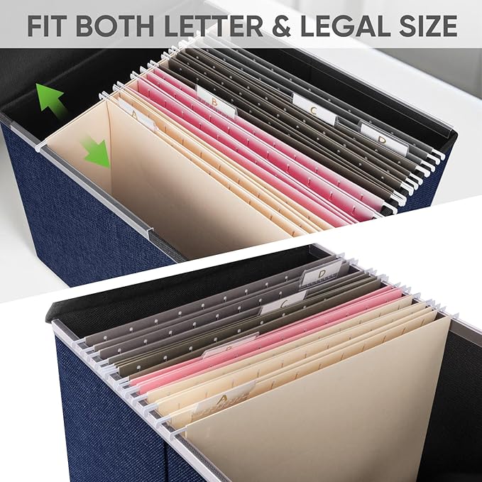 BALEINE File Organizer Box with Lid, Collapsible File Folder Organizer with Plastic Slide, Hanging File Folder Box for Office