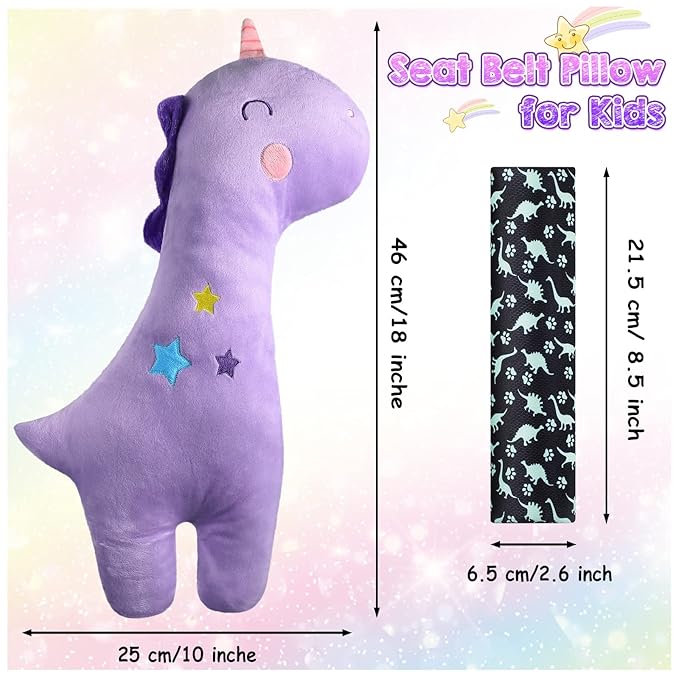 Tuanse 4 Pack Car Seat Belt Covers for Kids Seatbelt Pillow Unicorn Dinosaur Baby Car Seat Strap Covers Head Rest Support Shoulder Pads for Baby Girls Boys Travel