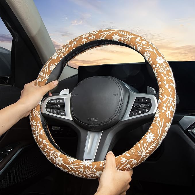 Brown Japanese Style Flower Steering Wheel Cover Auto Embroidery Steering Wheel Protector, Anti-Slip, Breathable, Absorbing Sweat, Universal Car Accessories 14.5–15 inch,Fit for Most Car, Trucks, SUV
