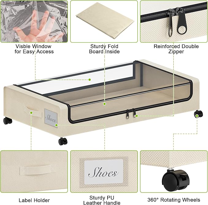 Under Bed Storage with Wheels, XXL 60L Under the Bed Storage Bins, Underbed Storage Containers with Lids & Label, Rolling Met