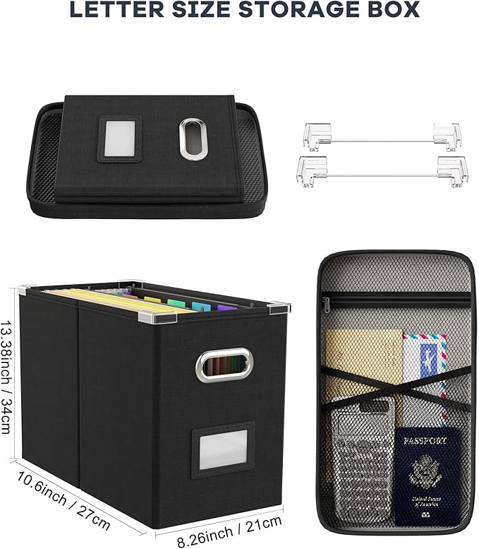 Oterri File Organizer Box with Lid, Hanging Filing File Box with Mesh Pocket, Document Organizer Box for Letter Files, Portab