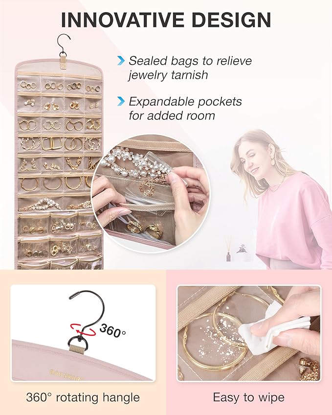 BAGSMART Hanging Jewelry Organizer, Necklace Holder Anti-tangle Earrings Rings Hanger with 20 Jewelry Bags Travel Storage Rol