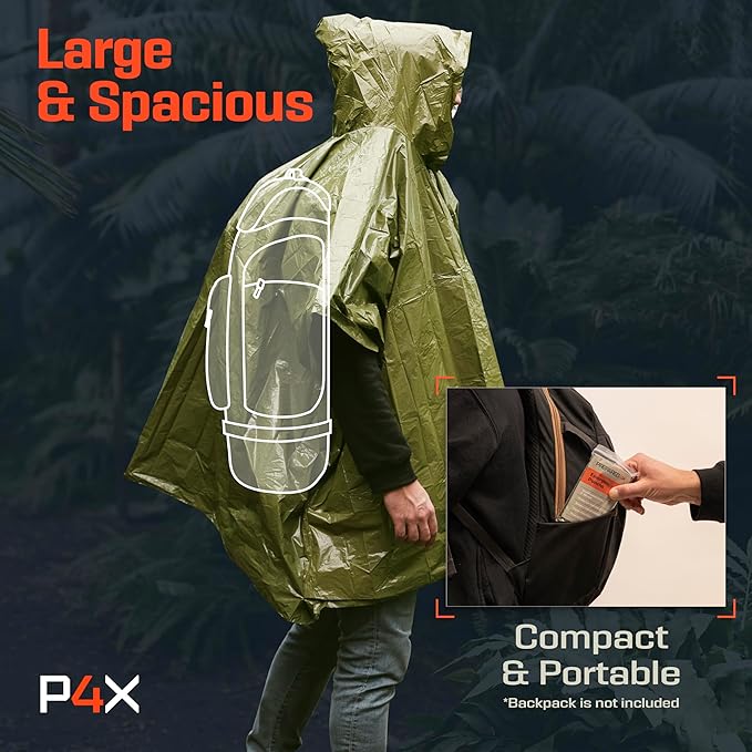 PREPARED4X Emergency Mylar Poncho – Survival Rain Poncho with Hood – Lightweight, Compact, Reusable Emergency Blanket Poncho 