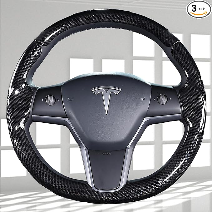Carbon Fiber Steering Wheel Cover for Tesla Model 3 2017-2023 & Model Y 2020-2024, Anti-Slip Wear-Resistant High Temperature Resistant (Sheen Black)