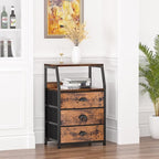 Furnulem Nightstand with 3 Drawers and 2-Tier Shelf, Fabric Small Dresser Organizer Vertical Storage Tower for Bedroom, Close