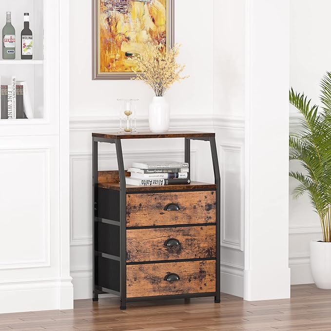 Furnulem Nightstand with 3 Drawers and 2-Tier Shelf, Fabric Small Dresser Organizer Vertical Storage Tower for Bedroom, Close