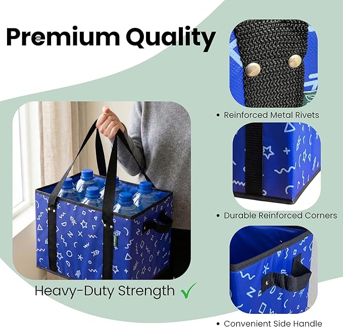 Reusable Grocery Bags (3 Pack) - Heavy Duty Foldable Tote Bags with Long Handles & Hard Bottom - Large Reusable Shopping Bags, Box-Shaped Grocery Totes Hold Up to 65 lbs, Stand Up & Fold Flat