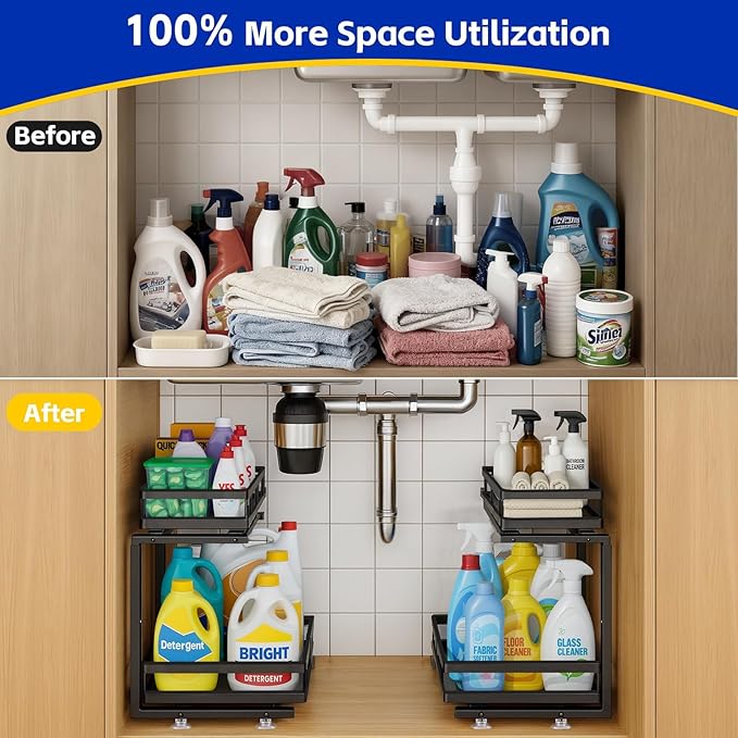 Under Sink Organizer, Dual-Rail Ball-Bearing, Under Kitchen Sink Organizer, 6-Level Adjustable, Under Cabinet Organizer, No-D