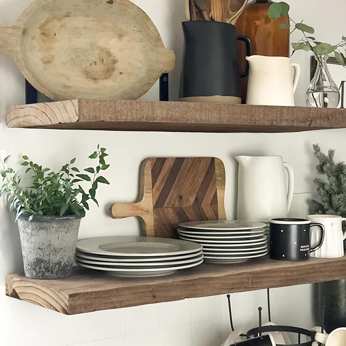 Floating Shelves, 8 Inch Deep Rustic Solid Reclaimed Wood Wall Shelves for Storage, Wall Mounted Display Shelving with Invisi