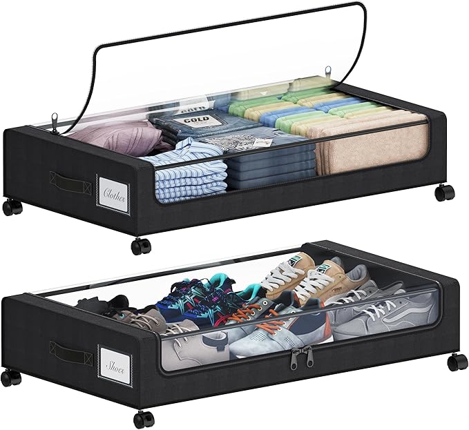Under Bed Storage with Wheels, XXL 60L Under the Bed Storage Bins, Underbed Storage Containers with Lids & Label, Rolling Met
