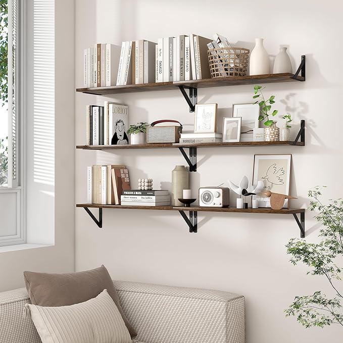 Axeman 32 Inch Floating Shelves | 8 Inch Deep Brown Wood Wall Shelves Set of 2 | 31.5" W x 8" D Rustic Brown Floating Shelves