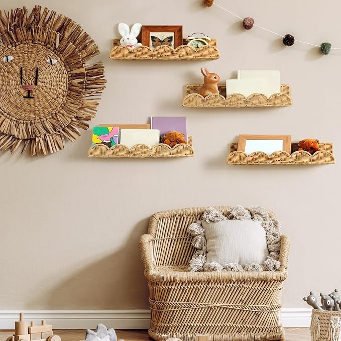 Pinkunn 4 Pcs Nursery Book Shelves 15.8 Inch Rattan Scalloped Floating Bookshelves Wicker Boho Book Shelf for Wall Mounted De