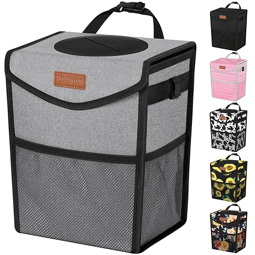 Car Trash Can with Lid, Cute Leakproof Car Trash Garbage Bag Hanging Vehicle Trash Bin Small Portable Automotive Garbage Cans Organizer for Back/Front Seat/Console(2.8 Gallons,Grey)