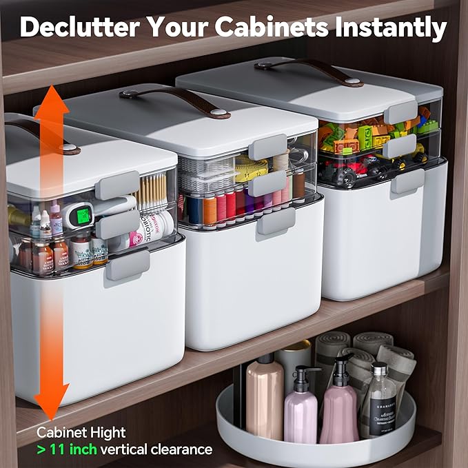 CTIME 3-Tier Medicine Organizer with Pill Case - Portable Pill Case & Empty First Aid Kit for Home, Travel, RV, School, Dorm,