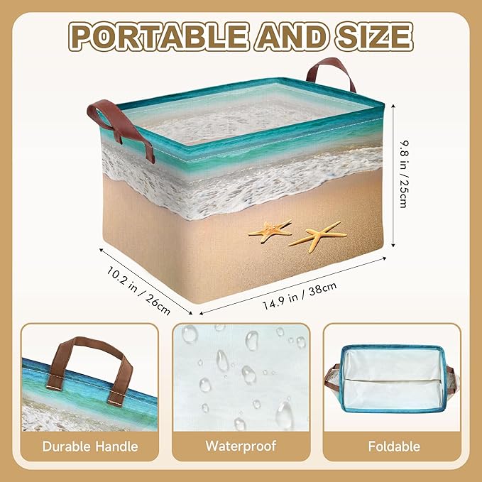 Beach Starfish Storage Basket Waterproof Canvas Toy Storage Bin Beach Room Decor Collapsible Outdoor Basket with Leather Hand