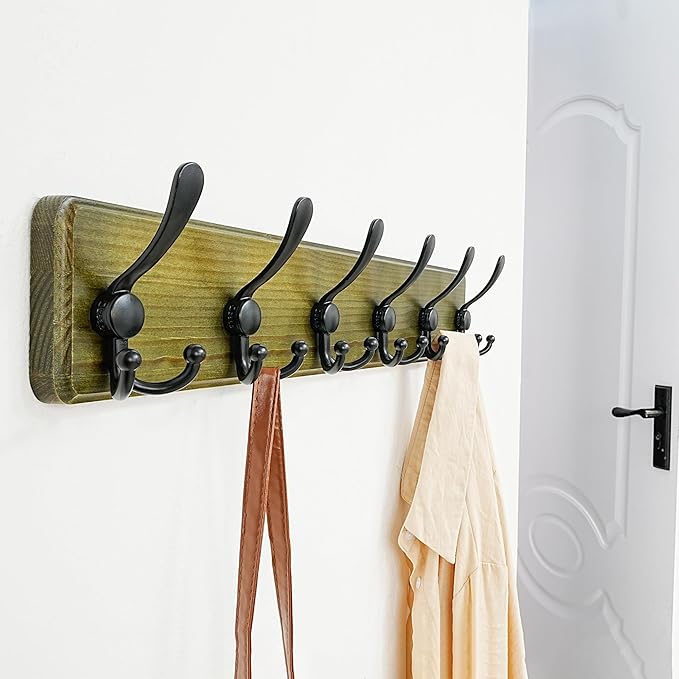 Dseap Coat Rack Wall Mounted - 24" Long 6 Tri Hooks, Heavy Duty Wooden Wall Coat Hanger Coat Hook for Clothes Hat Jacket Clot