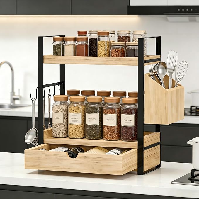 2-Tired Bathroom Counter Organizers and Storage, Bathroom Countertop Organizer with Drawer, Solid Wood Skincare Perfume Organ