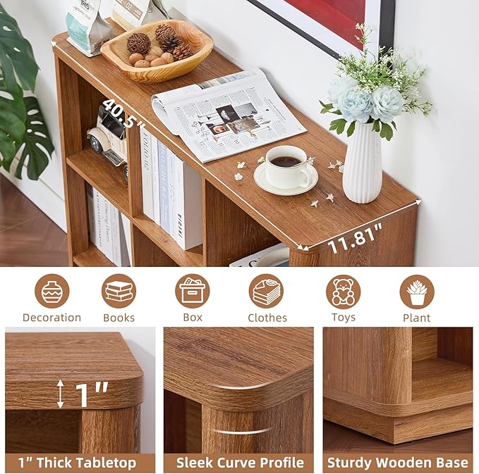 Joaxswe 6 Cube Storage Book Shelf, 40" Wide Low Horizontal Bookcase with Curved Edge, Floor Standing 2-Tier Wooden Bookshelf 