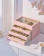 pickpiff Jewelry Box Organizer Case for Women: 4-Layer Jewelry Storage Case with Glass Window, Pink Leather with Velvet Holde