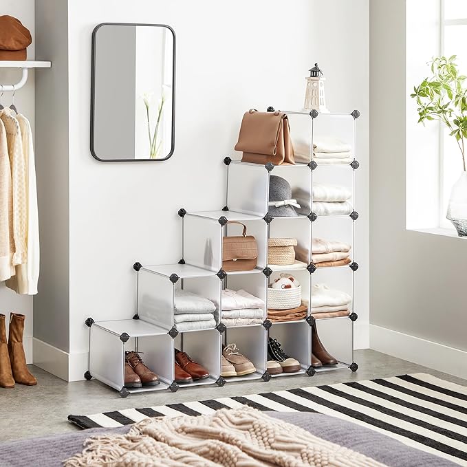 SONGMICS Shoe Rack with 16 Cubes, Interlocking Plastic Shoe Organizer, DIY Storage Cabinet for Closet Entryway Bedroom Garage