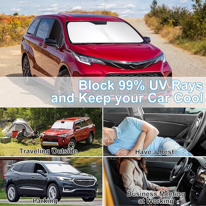 3PCS Car Window Shades Front Windshield Sun Shade Foldable Window Shade Custom Fit for Toyota Sienna 2016-2026 Accessories Car Shades for Front Windows Anti-UV Rays Block Heat
