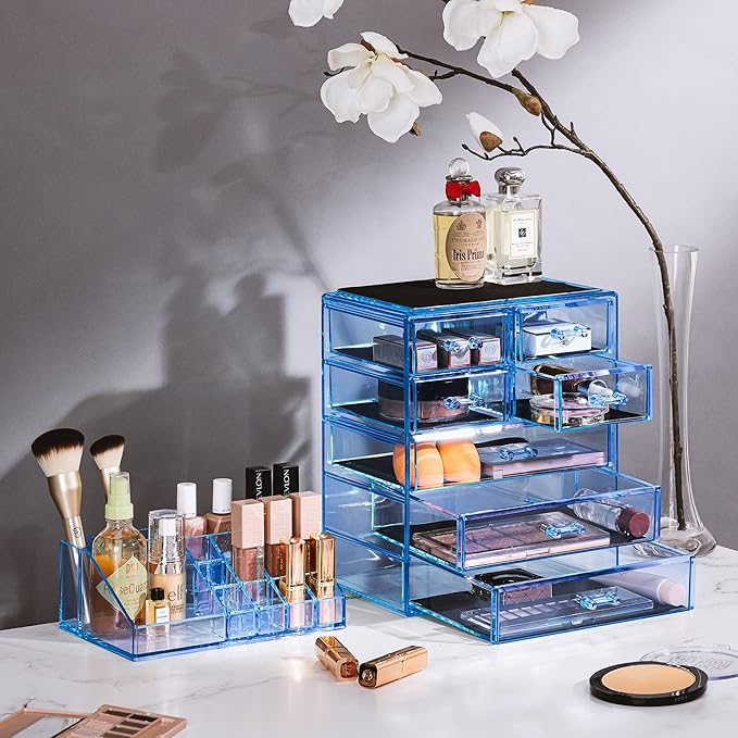 Sorbus Acrylic Makeup Organizer Set, 7-Drawer Vanity & Countertop Cosmetic Storage with Small & Wide Compartments, Blue Brill