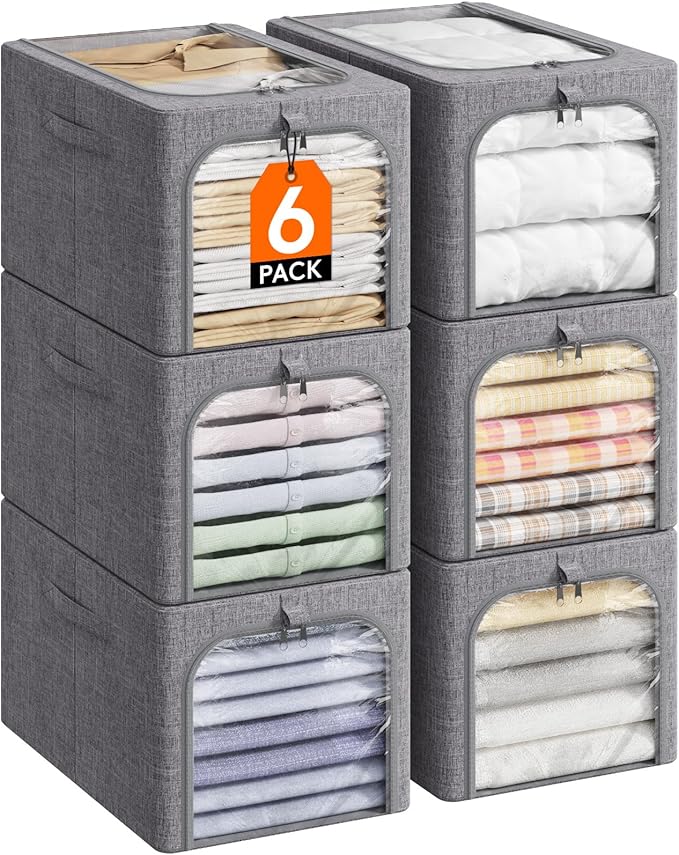 Lifewit Clothes Storage Bins with Metal Frame 6 Pack, Fabric Stackable Storage Bags with Lids, Zipper, Foldable Clost Organiz
