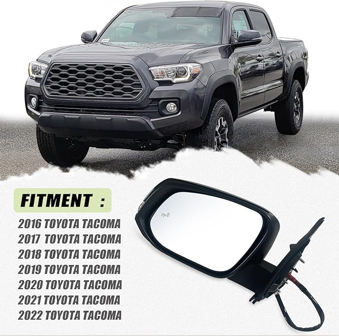 Left Driver side Mirror Fits 2016-2022 Toyota Tacoma With Power Glass, Heated, Turn Signal, Blind Spot Detection and Manual Folding Match to Midnight Black Metallic Replace TO1321350(8Pins)