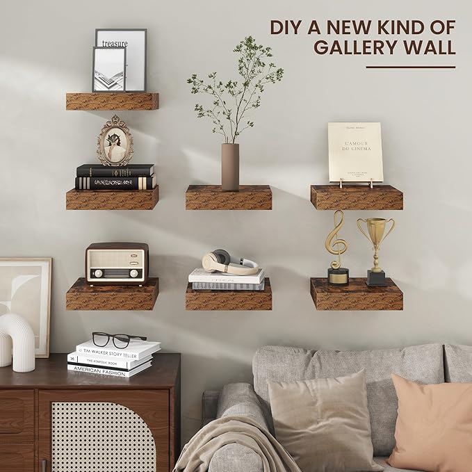 Square Floating Shelves for Wall, 12" W x 12" D x 2" H, 2 Pack of Small Wall Mounted Engineered Wood Shelves with Invisible B