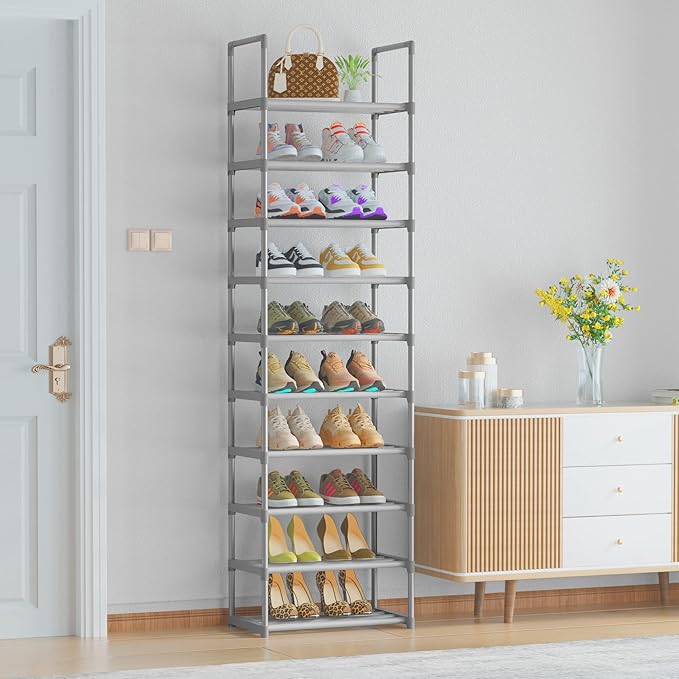 OYREL 10-Tier Metal Shoe Rack, Narrow Shoe Rack Organizer, Sturdy Shoe Shelf for Closets, Entryway, Bedroom, Garage - Silver