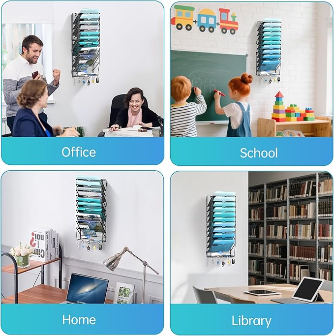 11 Tier Wall File Organizer - Hanging File Organizer with 5 Hooks, Mail Holder Wall Mounted for Papers, Folders, Magazines, B