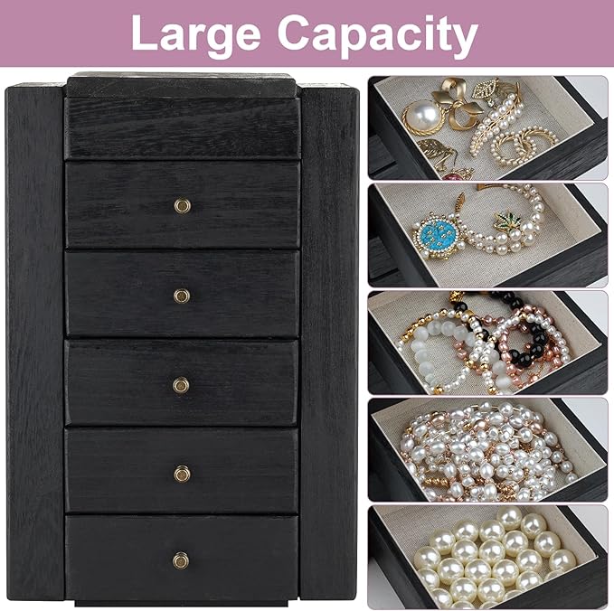 Meangood Jewelry Box Wood for Women, 6-Layer Large Organizer Box with Mirror & 5 Drawers for Rings, Earrings, Necklaces, Vint