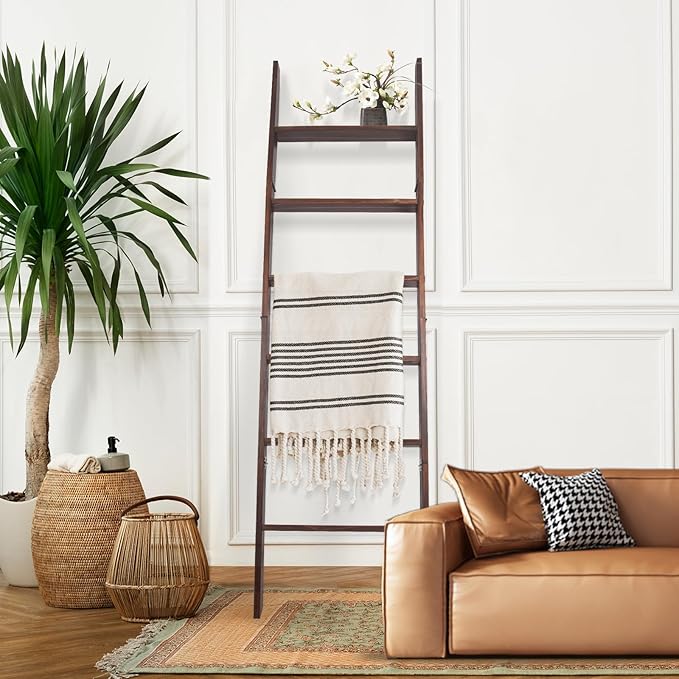 Blanket Ladder, 6-Tier Wooden Quilt Stand, Decorative Ladder Shelf, Leaning Shelf, Wall Leaning Blanket Ladder Towel Storage 