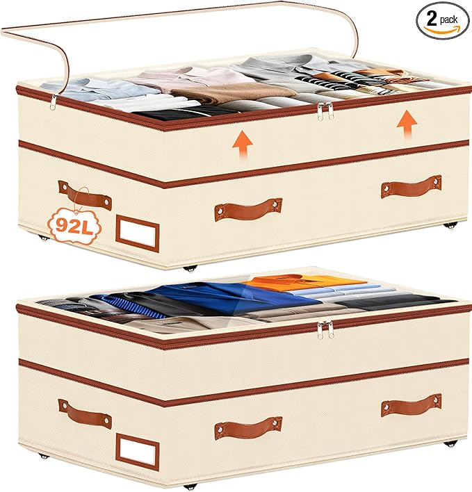 Dolicer 2 Pack Under Bed Storage with Wheels, 6in-10in Height Adjustable Underbed Storage Containers, 92L XXXL Under Bed Draw