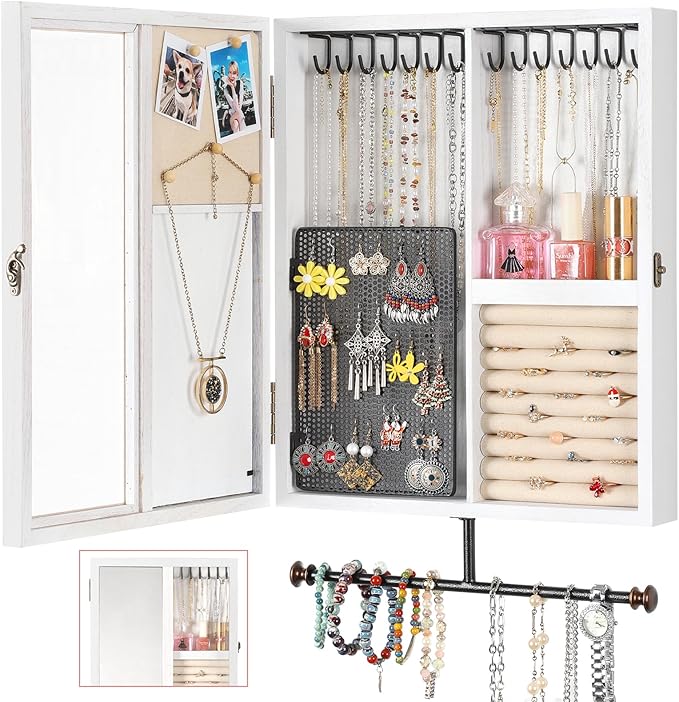 Keebofly Wall Jewelry Organizer Cabinet with Mirror,Rustic Wood Storage for Necklaces, Earrings, Bracelets & Rings, Large-Cap