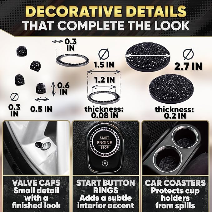 Black Bling Car Accessories Set - 27 Pieces Car Interior Kit with Rhinestone Steering Wheel Cover, Diamond License Plate Frame, Phone Holder, Coaster & Hook, Great Gift for Drivers
