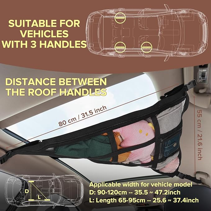 Kaskawise 31.5"x21.6" Car Ceiling Cargo Net – Double-Layer Roof Storage Organizer for 3-Handle & 4-Handle Vehicles, Perfect for Road Trips & Car Camping
