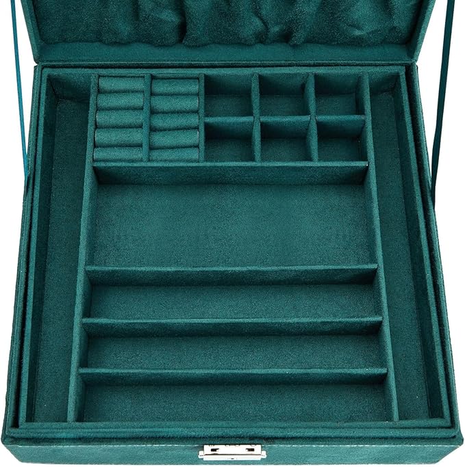Juvale Velvet Jewelry Box Organizer - 10.5 x 10.5 x 3.5 in, Green - Lockable 2-Tier Travel Jewelry Case & Earring Storage - R
