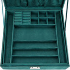 Juvale Velvet Jewelry Box Organizer - 10.5 x 10.5 x 3.5 in, Green - Lockable 2-Tier Travel Jewelry Case & Earring Storage - R