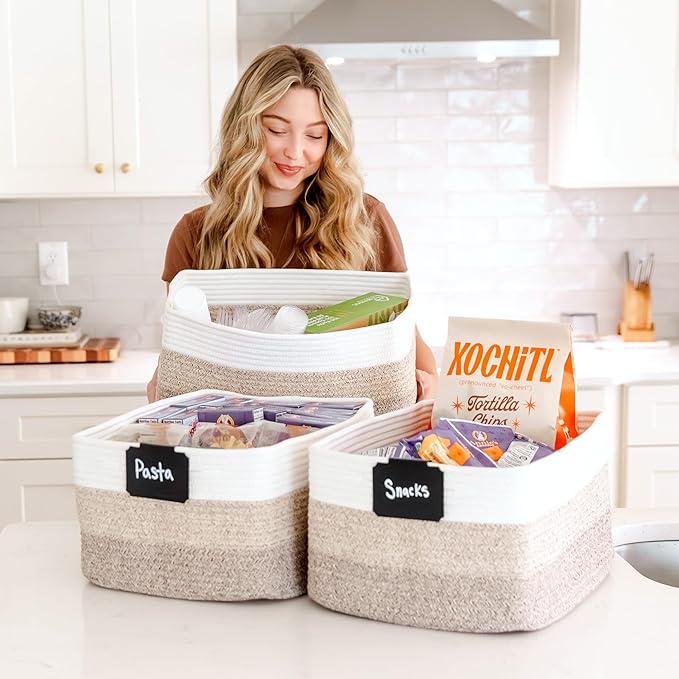 NaturalCozy Storage Baskets 16.8”x13”x7.6” Cotton Rope Woven Baskets for Organizing 3-Pack | Toy Storage Bins | Basket for Sh