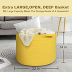 MEGASKET Extra Large Yellow Basket, 22” X 22” X 14” Cotton Rope Yellow Decor for Living Room Bedroom, Woven Basket for Blanke