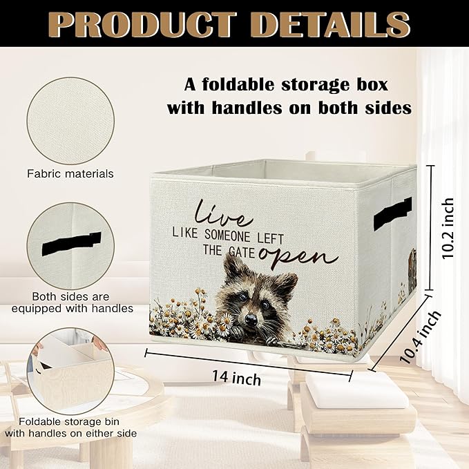 Rustic Raccoon Storage Bins & Boxes with Handles, Farmhouse Raccoon Foldable Basket for Organizing, Live Like Someone Left th