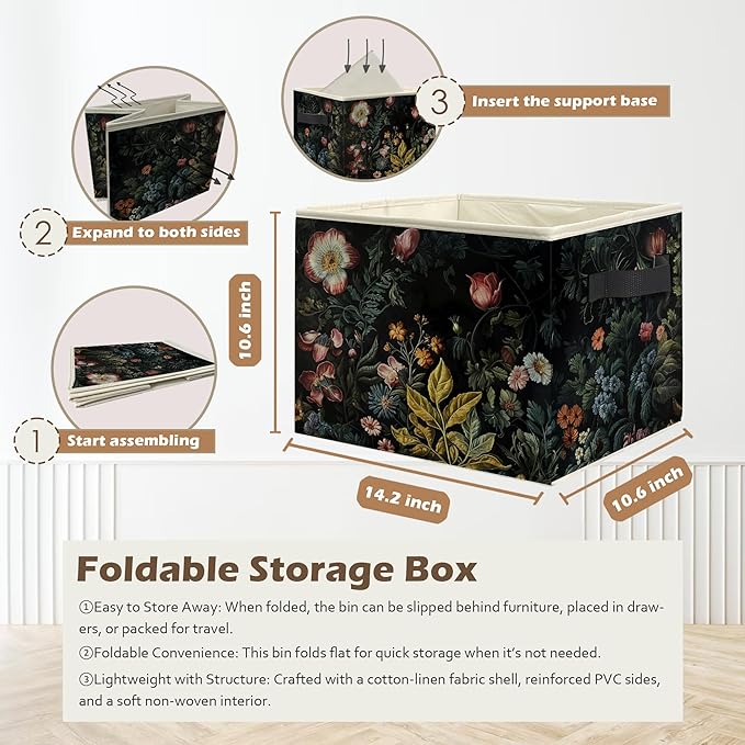 Vintage Gothic Floral Storage Box Bins, Dark Cottagecore Wildflower Botanical Collapsible Storage Basket Organizer for Bedroo