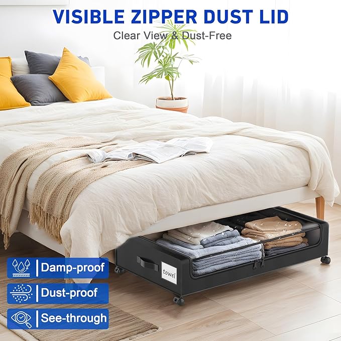 Beborxue Under Bed Storage with Wheels, 4-Pack UnderBed Storage Containers with Clear Lids, XXL 60L Under the Bed Storage Org