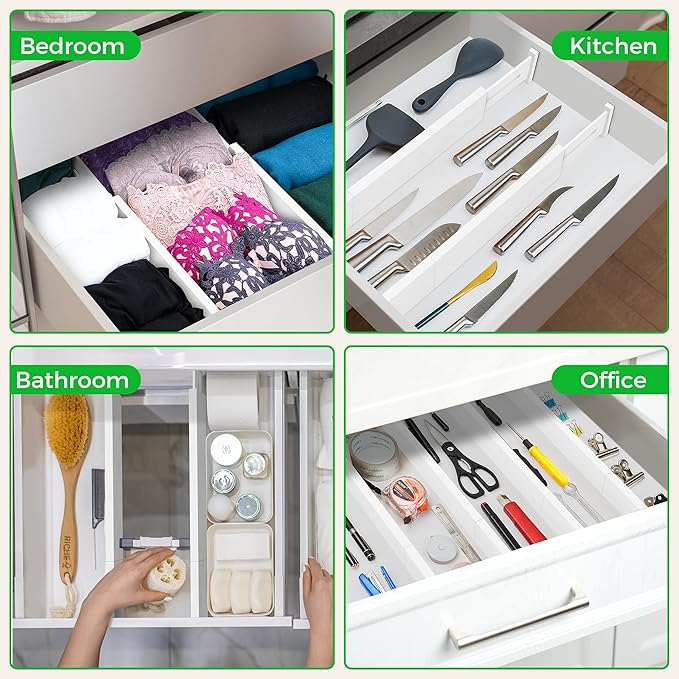 4 Pack Bamboo Drawer Dividers Organizer with Inserts 2.6'' High, Expandable from 12.5-21.7", Adjustable Drawer Organizer Sepa