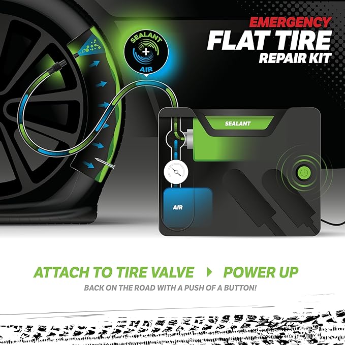 Slime 50139 Flat Tire Puncture Emergency Kit, Includes Sealant and Tire Inflator Pump, Analog, Suitable for Cars and Other Highway Vehicles, 10 Min Fix