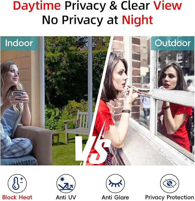 One Way Privacy Window Film Sun Blocking, Heat Blocking Window Tint for Home See Out But Not in, Static Cling & Anti UV, Black-Silver,29.5 Inch x 157.4 Inch